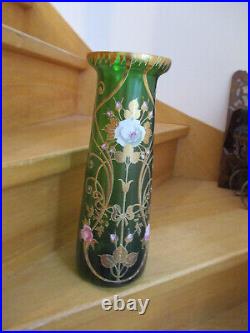 RARE Lot 2 Vases émaillés Art Nouveau vintage déco fleurs verre vert TBE 1900