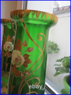 RARE Lot 2 Vases émaillés Art Nouveau vintage déco fleurs verre vert TBE 1900