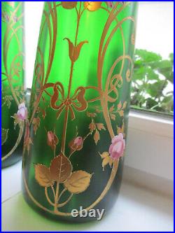 RARE Lot 2 Vases émaillés Art Nouveau vintage déco fleurs verre vert TBE 1900