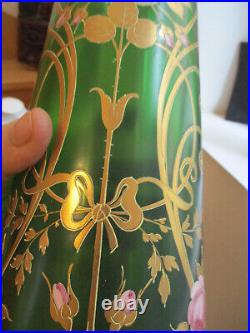 RARE Lot 2 Vases émaillés Art Nouveau vintage déco fleurs verre vert TBE 1900