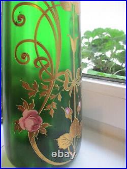 RARE Lot 2 Vases émaillés Art Nouveau vintage déco fleurs verre vert TBE 1900