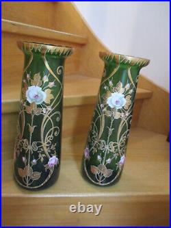 RARE Lot 2 Vases émaillés Art Nouveau vintage déco fleurs verre vert TBE 1900