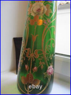 RARE Lot 2 Vases émaillés Art Nouveau vintage déco fleurs verre vert TBE 1900