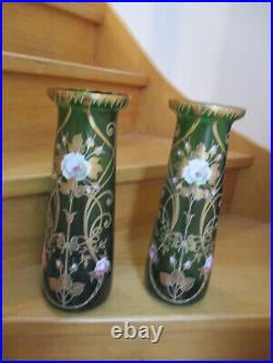 RARE Lot 2 Vases émaillés Art Nouveau vintage déco fleurs verre vert TBE 1900