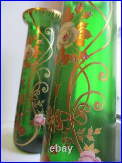 RARE Lot 2 Vases émaillés Art Nouveau vintage déco fleurs verre vert TBE 1900