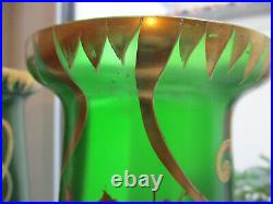 RARE Lot 2 Vases émaillés Art Nouveau vintage déco fleurs verre vert TBE 1900