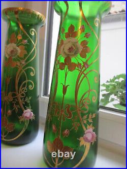 RARE Lot 2 Vases émaillés Art Nouveau vintage déco fleurs verre vert TBE 1900