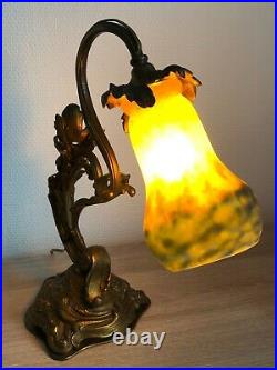RARE Superbe authentique LAMPE en BRONZE ART NOUVEAU tulipe pâte de verre MULLER