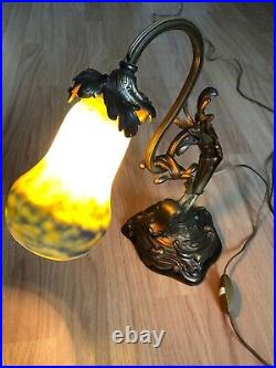 RARE Superbe authentique LAMPE en BRONZE ART NOUVEAU tulipe pâte de verre MULLER