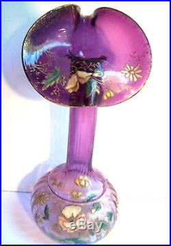 RARE Vase Art Nouveau, forme originale, verre violet émaillé de fleurs Legras
