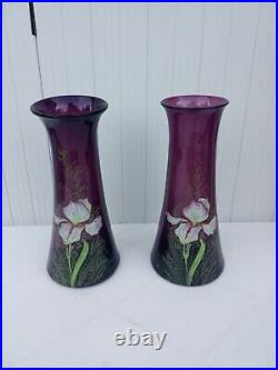 Rare Paire De Vases En Verre Mauve Émaillé Art Nouveau Théodore Legras