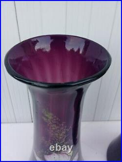 Rare Paire De Vases En Verre Mauve Émaillé Art Nouveau Théodore Legras