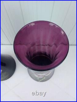 Rare Paire De Vases En Verre Mauve Émaillé Art Nouveau Théodore Legras