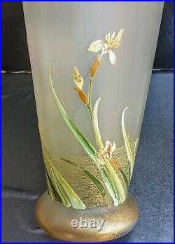 Rare Paire De Vases+jardiniere Verre Emaille Canards Iris Art Nouveau Legras