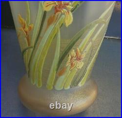 Rare Paire De Vases+jardiniere Verre Emaille Canards Iris Art Nouveau Legras