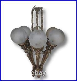 Rare lustre suspendu 6 lustres en laiton lourd et verre art nouveau