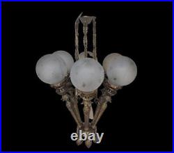 Rare lustre suspendu 6 lustres en laiton lourd et verre art nouveau