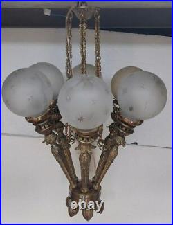 Rare lustre suspendu 6 lustres en laiton lourd et verre art nouveau