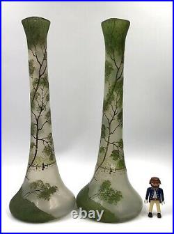 SUPERBE PAIRE Vases verre émaillé paysage lacustre Art-Nouveau LEGRAS 1900 Daum