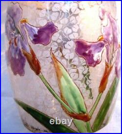 Seau à biscuits Art Nouveau, pot en verre émaillé LEGRAS Les iris violets
