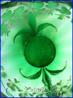 Seau à biscuits Art Nouveau, pot verre vert émaillé LEGRAS Les Coeurs de Marie