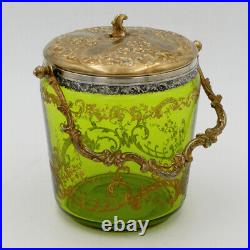 Seau à biscuits, pot, Art Nouveau, métal argenté, doré, verre vert gravé à l'or