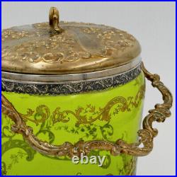 Seau à biscuits, pot, Art Nouveau, métal argenté, doré, verre vert gravé à l'or