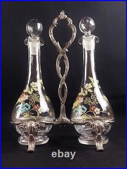 Serviteur Art Nouveau Huilier Vinaigrier verre/cristal émaillé décor de fleurs