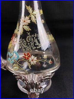 Serviteur Art Nouveau Huilier Vinaigrier verre/cristal émaillé décor de fleurs