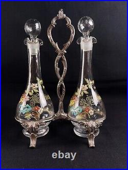 Serviteur Art Nouveau Huilier Vinaigrier verre/cristal émaillé décor de fleurs