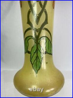 Splendide Vase Emaille Art Nouveau 1900 Legras Verre Jaune Motif Fleurs Ht 35 CM