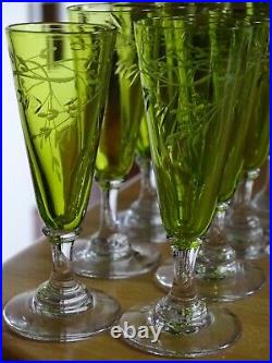 St Louis 8 Anciens Verres Vert A Liqueur Cristal Gravure Art Nouveau Talma