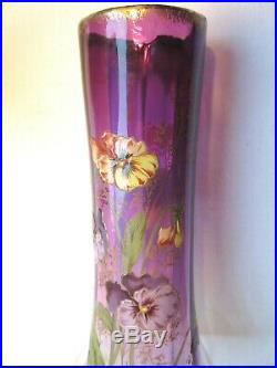 Superbe Vase Art Nouveau Aux Pensees, Verre Prune Emaille Legras Montjoye