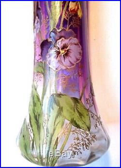 Superbe Vase Art Nouveau Aux Pensees, Verre Prune Emaille Legras Montjoye