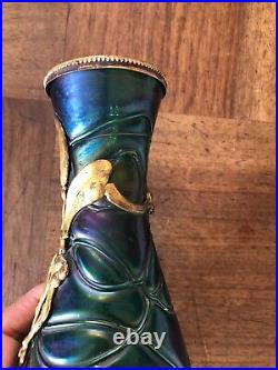 Superbe Vase En Verre Irisé, Monture Au Gui, Loetz, Kralik Art Nouveau