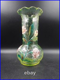 Superbe Vase verre soufflé Ouraline LEGRAS Montjoye Art Nouveau Oeillets émaillé