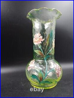 Superbe Vase verre soufflé Ouraline LEGRAS Montjoye Art Nouveau Oeillets émaillé