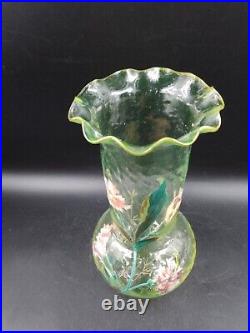 Superbe Vase verre soufflé Ouraline LEGRAS Montjoye Art Nouveau Oeillets émaillé