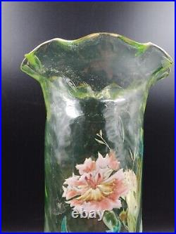 Superbe Vase verre soufflé Ouraline LEGRAS Montjoye Art Nouveau Oeillets émaillé