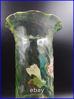 Superbe Vase verre soufflé Ouraline LEGRAS Montjoye Art Nouveau Oeillets émaillé