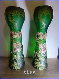Très Grande Paire de Vases en Verre Émaillé LEGRAS, Art Nouveau, Ancien Très Grande Paire de Vases en Verre Émaillé LEGRAS, Art Nouveau, Ancien