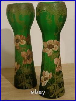 Très Grande Paire de Vases en Verre Émaillé LEGRAS, Art Nouveau, Ancien Très Grande Paire de Vases en Verre Émaillé LEGRAS, Art Nouveau, Ancien
