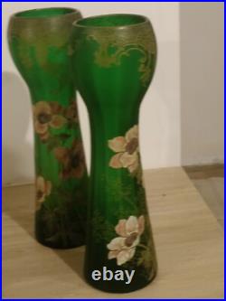 Très Grande Paire de Vases en Verre Émaillé LEGRAS, Art Nouveau, Ancien Très Grande Paire de Vases en Verre Émaillé LEGRAS, Art Nouveau, Ancien
