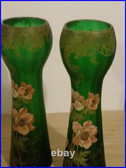 Très Grande Paire de Vases en Verre Émaillé LEGRAS, Art Nouveau, Ancien Très Grande Paire de Vases en Verre Émaillé LEGRAS, Art Nouveau, Ancien