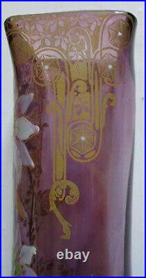 VASE verre émaillé violine Legras Art Nouveau 1900 fleurs marguerites et muguet
