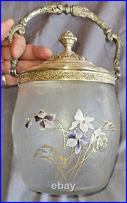 VICTOR SAGLIER Seau à biscuit art nouveau violettes verre dégagé à l' acide VICTOR SAGLIER Seau à biscuit art nouveau violettes verre dégagé à l' acide