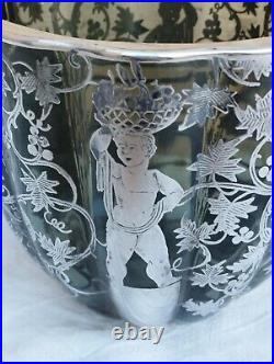 Vase Art Nouveau Américain En Verre Fumé Avec Décorations Argent Titulaire 925