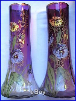 Vase Art Nouveau Aux Iris, Verre Prune Emaille Legras Montjoye