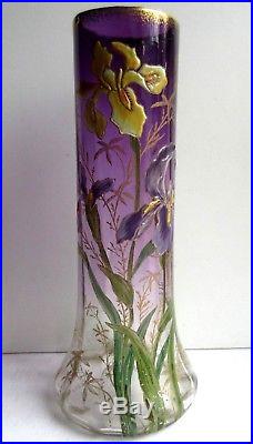 Vase Art Nouveau Aux Pensees, Verre Celadon Emaille Legras Montjoye