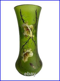 Vase Art Nouveau En Verre Givré Et Emaillé Decor Floral 1900